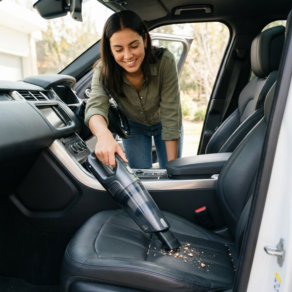 Vacuuming a car with handheld vacuum