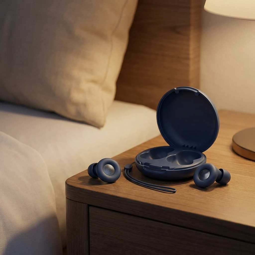 Navy silicone sleep earplugs with travel case on a bedside nightstand