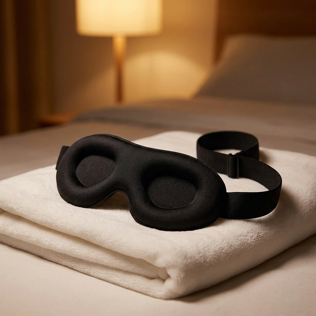 Black 3D-contoured weighted sleep mask on a folded blanket at night