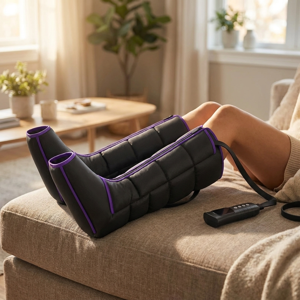 Air compression recovery boots worn on legs while relaxing on a couch