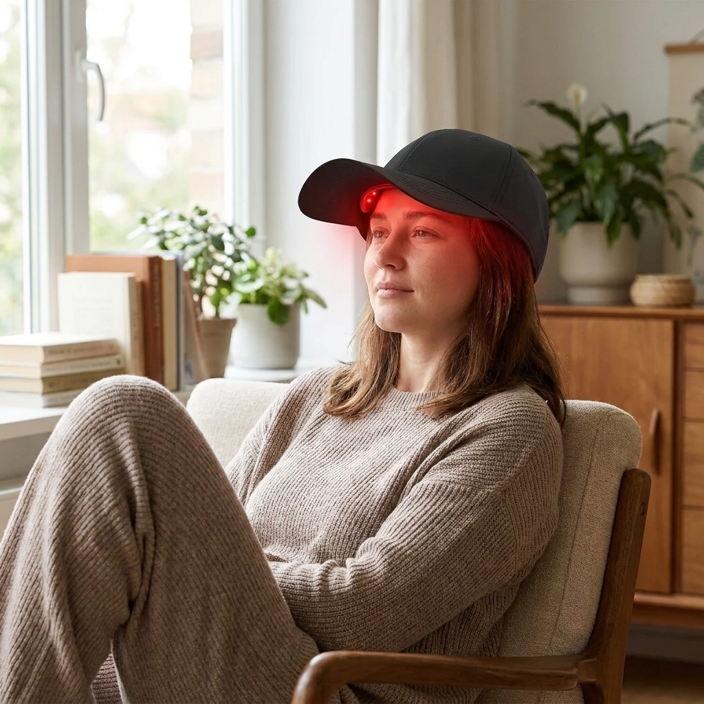 Red light therapy cap worn at home with LEDs glowing