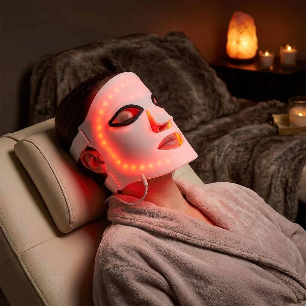 LED light therapy face mask worn while relaxing in the evening