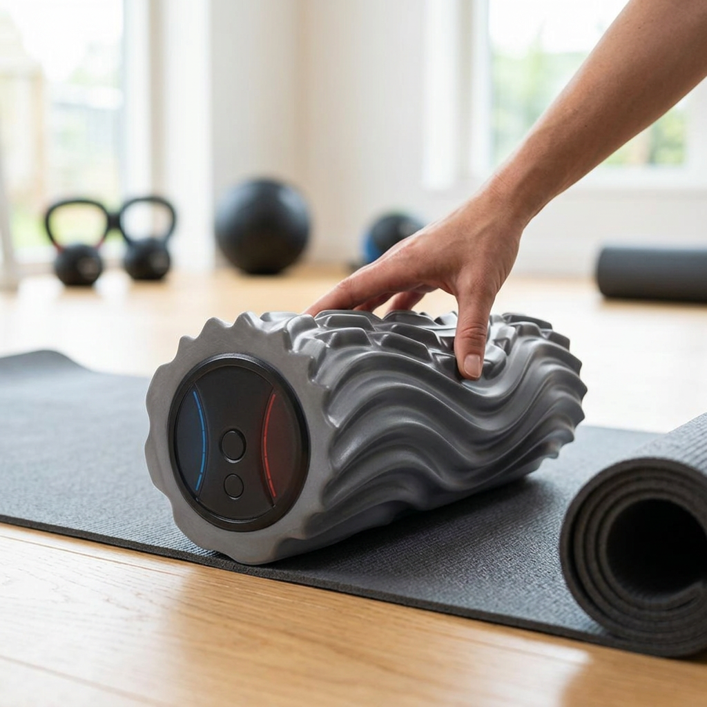 Vibrating foam roller on a yoga mat in a home gym