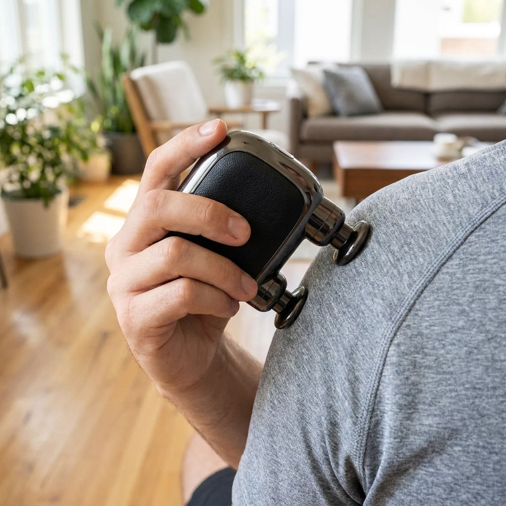 Mini percussion massage gun applied to the shoulder