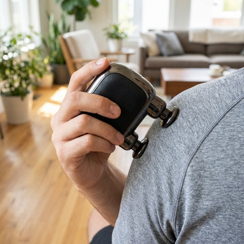 Mini percussion massage gun applied to the shoulder
