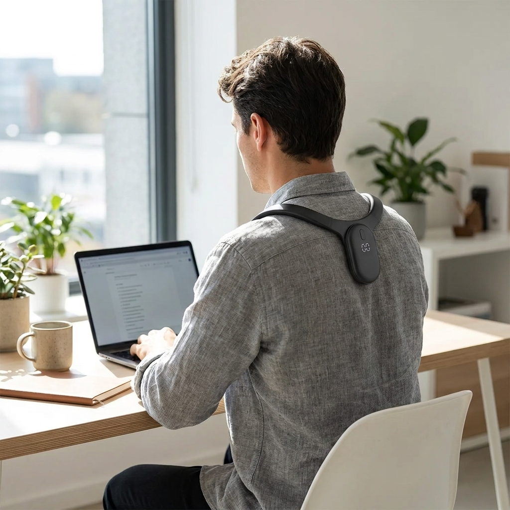 Smart posture corrector worn at a desk