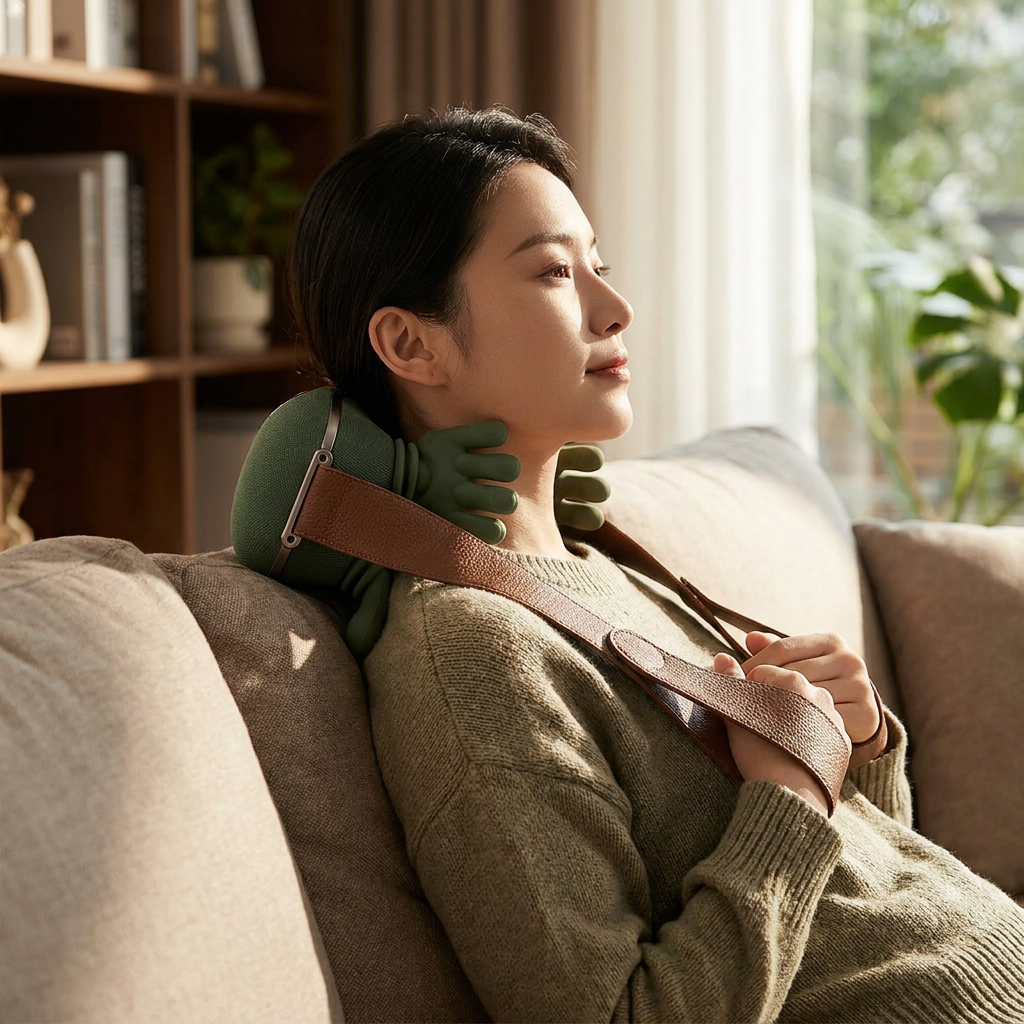 Neck and shoulder kneading massager worn while relaxing at home