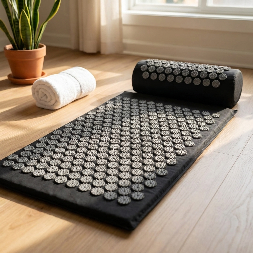 Acupressure mat and bolster pillow set on a wooden floor