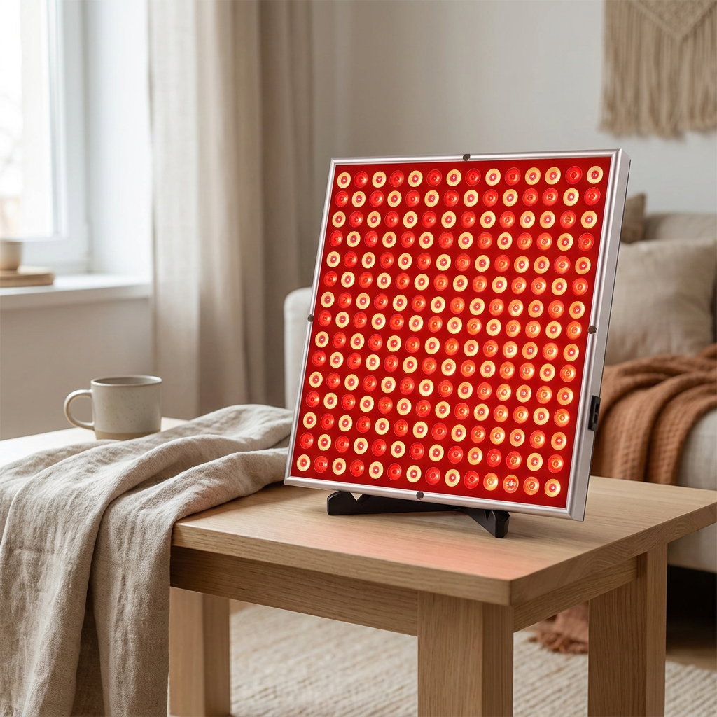 Red light therapy panel switched on, standing on an oak side table in a home living room