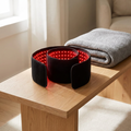 Red light therapy waist wrap switched on, curled on an oak bench beside a folded blanket