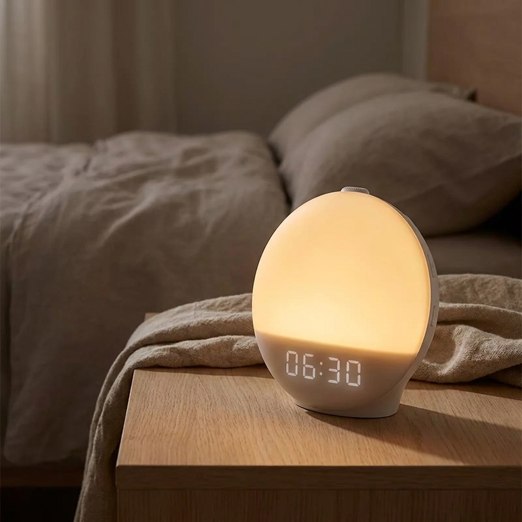 Sunrise alarm lamp glowing warm amber on a bedside table in a dim bedroom, showing 6:30