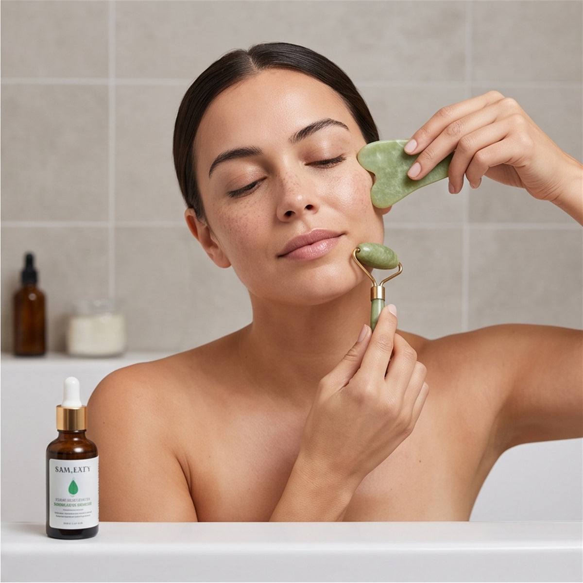 Jade Facial Roller & Gua Sha Set in use — VitalHealing